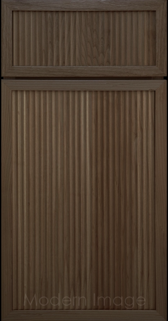 Modern kitchen featuring Arcadia Cove Beachwood stained cabinets with narrow frames and fluted center panels
